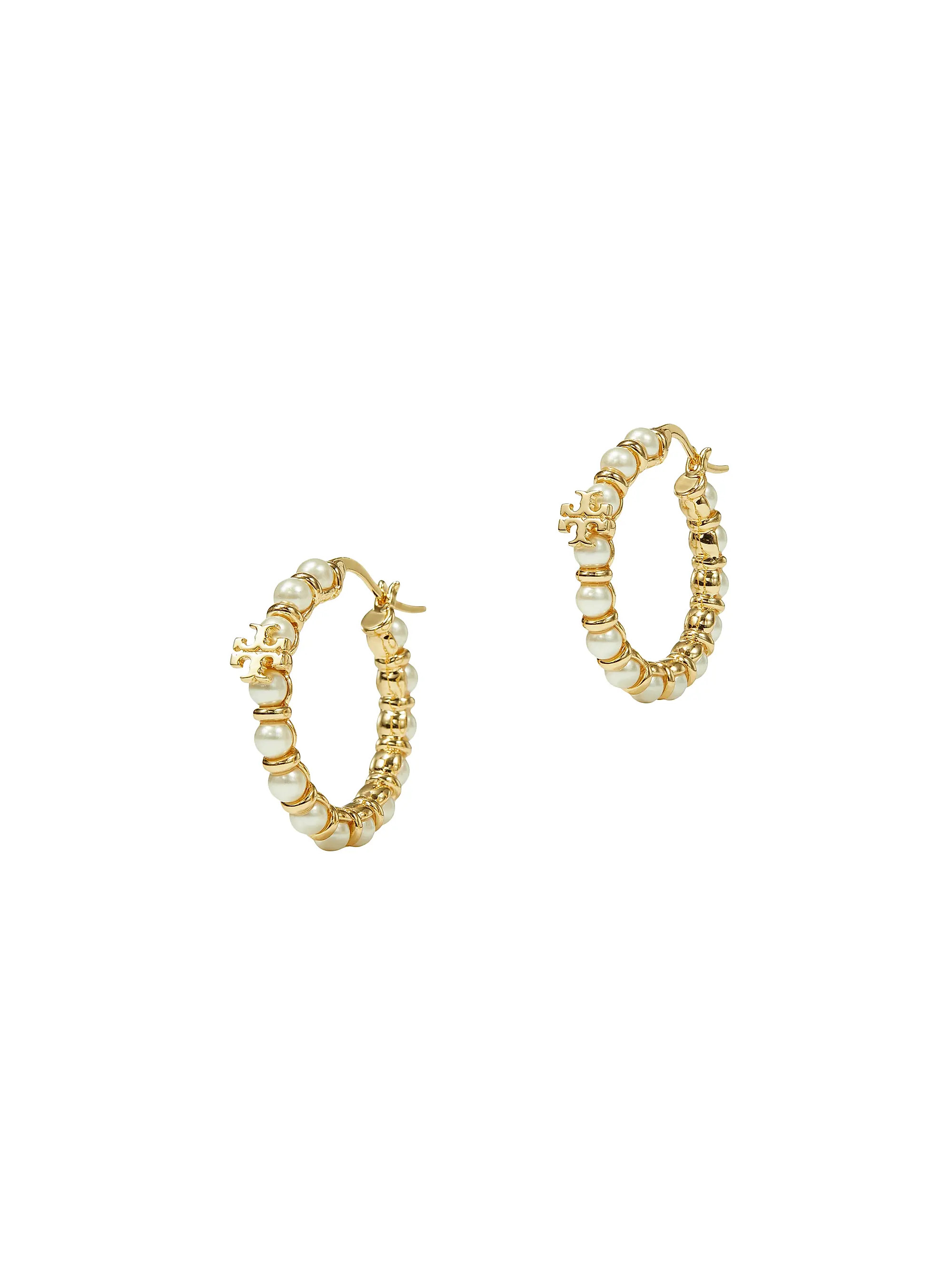 Kira 18K-Gold-Plated & Imitation Pearl Logo Hoop Earrings | Saks Fifth Avenue