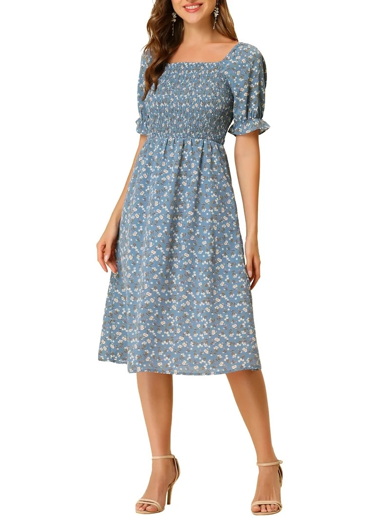 INSPIRE CHIC Women's Dress Smocked Floral Square Neck Puff Short Sleeves Spring Summer Midi Dress... | Walmart (US)