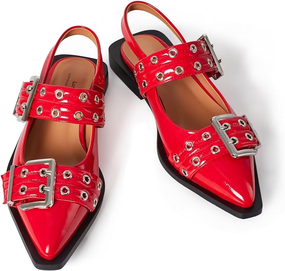 Slingback Flats for Women, Buckle Ballet Flats with Close Toe Pointed Toe Block Heel Dress Flat S... | Amazon (US)