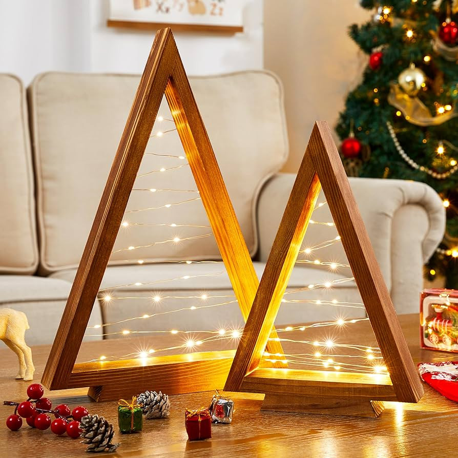 2 Pcs Wood Christmas Tree with Lights-Modern Farmhouse Christmas Wooden Tree Centerpieces for Tab... | Amazon (US)
