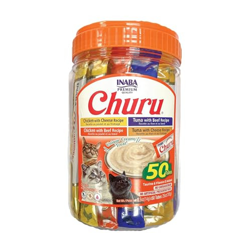 INABA Churu Cat Treats, Lickable, Squeezable Creamy Purée Cat Treat with Green Tea Extract & Taurine, 0.5 Ounces Each Tube, 50 Tubes, Beef & Cheese Variety | Amazon (US)
