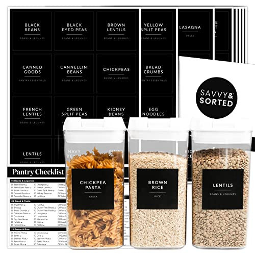 SAVVY & SORTED Black Labels for Containers, 180 Kitchen Labels for Food Storage Container, Pantry Labels for Food Storage, Organize Pantry Essentials Canister Label | Amazon (US)