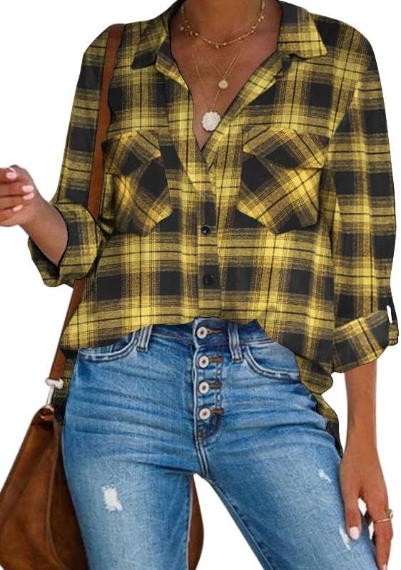 Hotouch Women's Flannels Plaid Shirts Long Sleeve Button Down Blouse Basic Cotton Boyfriend Pocke... | Amazon (US)