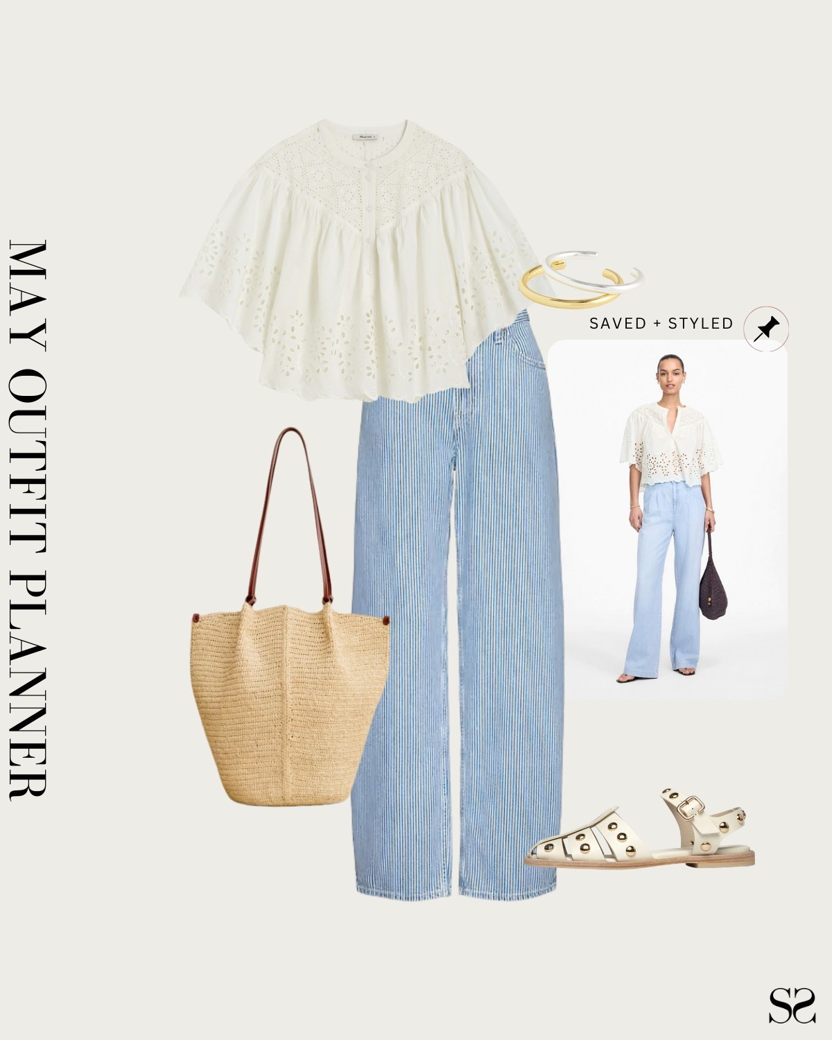 Monthly outfit planner MAY: Spring  looks, saved + styled outfit inspo | striped baggy jean, eyelet blouse, straw tote, fisherman sandals 

#springoutfit #casualchic  

Image credit: Madewell


#LTKStyleTip