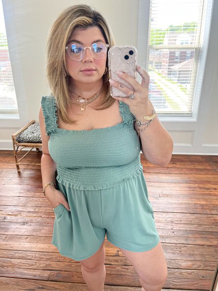 Todays outfit. This romper is SO EASY and comfy. I love throwing it on and going. It runs big so if you want it to fit like the model, keep your size bud I wanted a little more shape so I sized down. Pockets ✔️ soft ✔️ easy and cute ✔️ 

#LTKWorkwear #LTKMidsize #LTKFindsUnder50