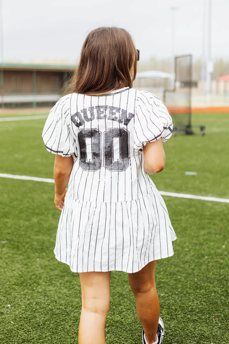 White Pinstripe Queen Team Jersey Dress | Queen of Sparkles