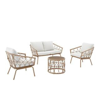 Juniper Brown 4-Piece Wicker Patio Conversation Set with Creme Cushions | The Home Depot