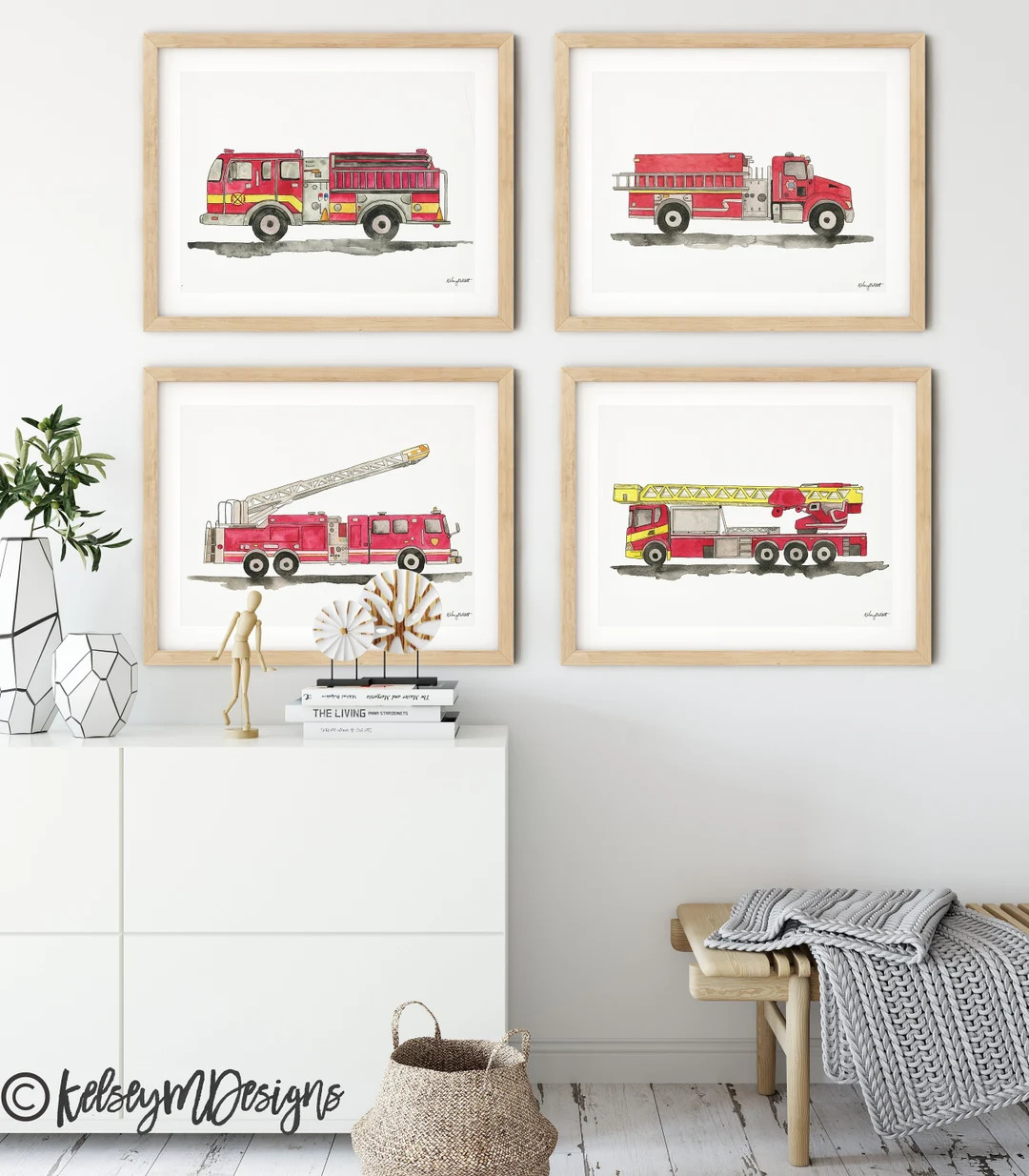 Set of 4 Fire Truck Wall Art, Kids Gallery Wall Set, Truck Art Prints, Fire Truck Print Nursery, ... | Etsy (US)