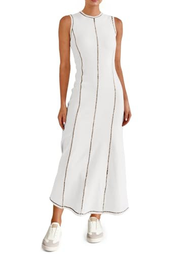 Wenrine Womens Tank Maxi Dress Sleeveless Crew Neck Knit Ribbed Summer Contrast Stitch Dresses White | Amazon (US)