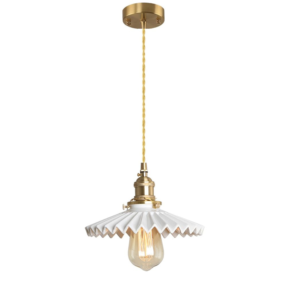 White Ceramic Pendant Light Fixture with On/Off Switch, Pleated Chandelier Design with E26 Socket... | Amazon (US)