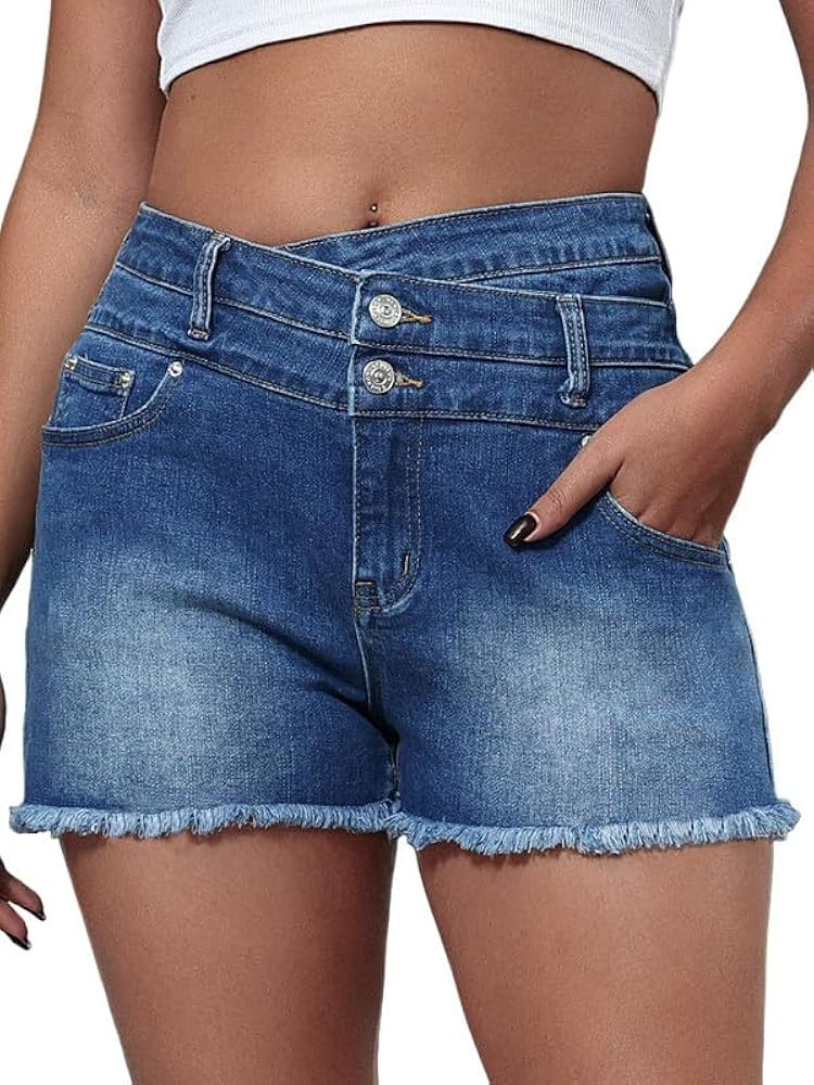 Genleck Women's Jean Shorts Stretchy - High Waisted Crossover Sloping Waistband Denim Shorts Y2K ... | Amazon (US)