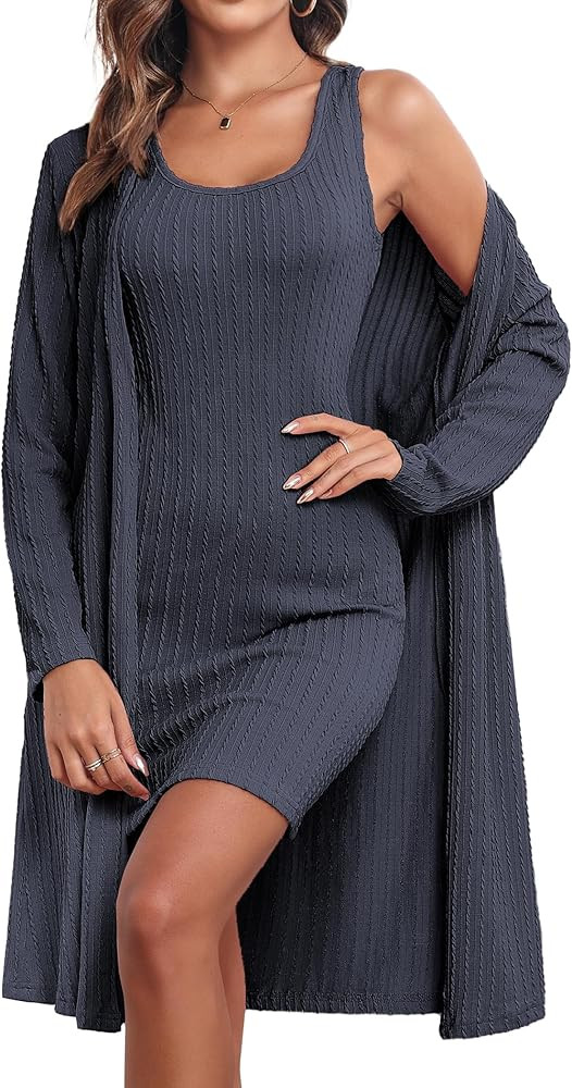 Ekouaer Robe Sets for Women Sleepwear Rib Knit Bodycon Nightgown with Robes Set 2 Piece Soft Ligh... | Amazon (US)
