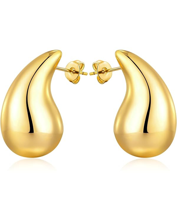 Chunky Gold Hoop Earrings for Women Lightweight 18K Gold Plated Hypoallergenic Waterdrop Hollow s... | Amazon (US)