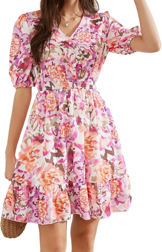 GRACE KARIN Women's 2024 Casual Dress Summer V Neck Short Sleeve Tiered Flowy Beach Dresses with ... | Amazon (US)