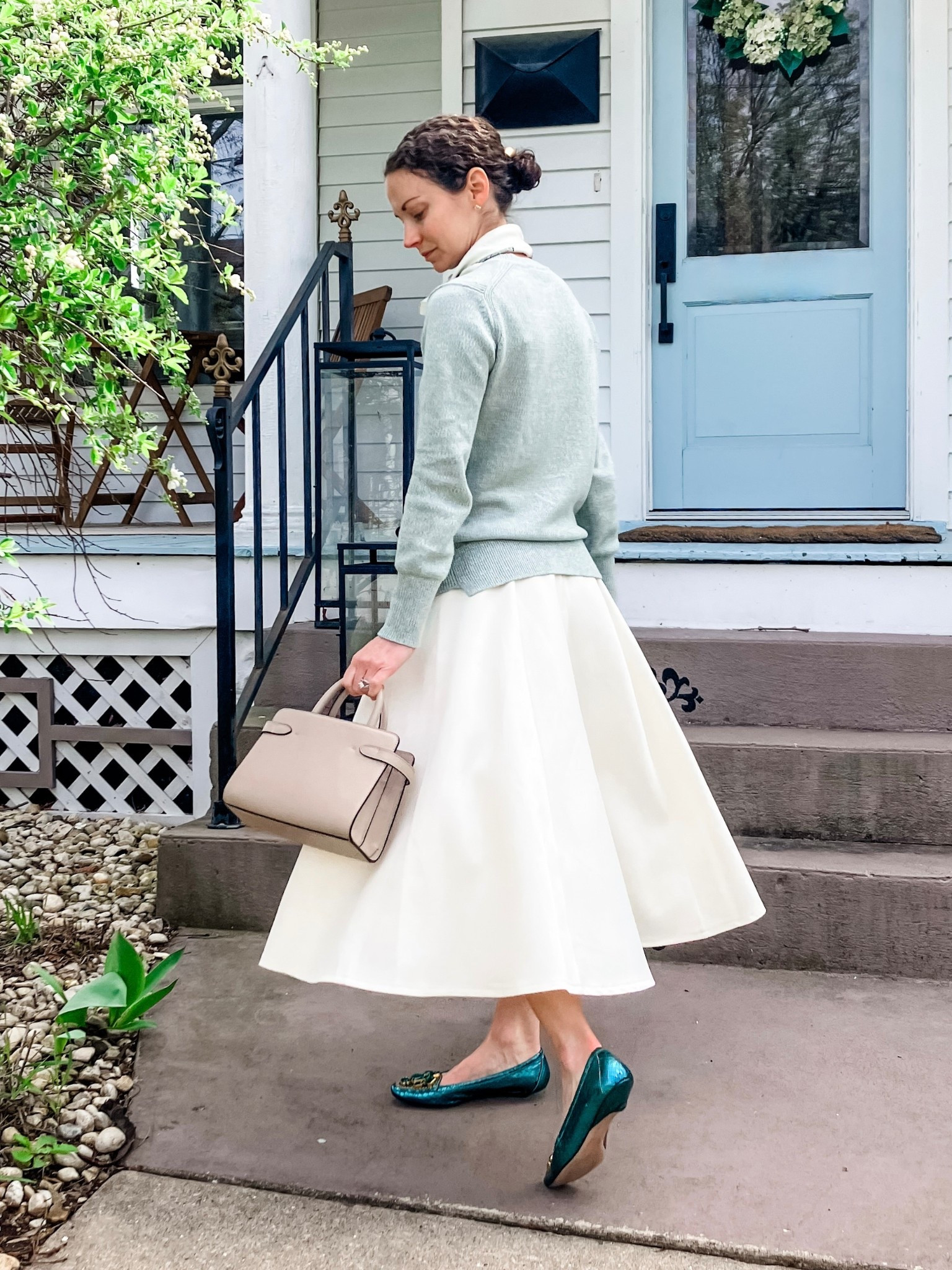 Spring church outfit!
Silk scarf is vintage, linking similar. 
Mint green sweater is old from Madewell, linking similar. 
Cream midi skirt from Chicwish. 
Leather handbag from Le Tanneur. 
Green jewel flats are vintage Prada, linking similar. 
Diamond stud earrings from Amazon. 
Eternity band ring from Amazon. 
Church outfit. Petite outfit. Spring outfit. Modest outfit  

#LTKmomlife #LTKootd #LTKdayinmylife