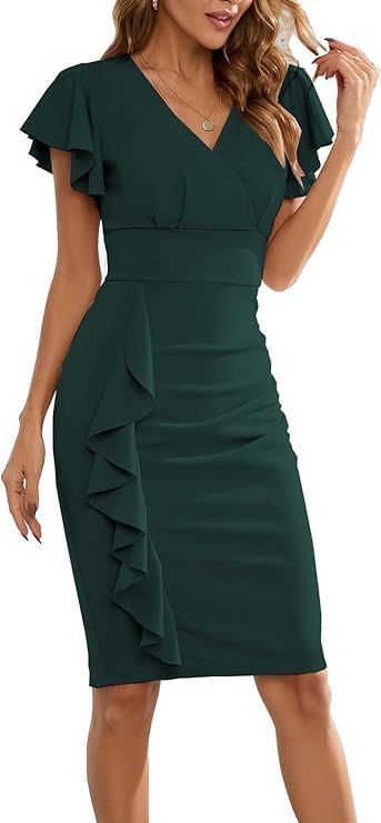 CHICCLOTH Women's Ruffled Sleeves V Neck Midi Formal Party Dress Sheath Pencil Cocktail Dresses | Amazon (US)