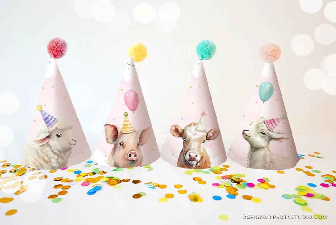 Printable Party Hats Farm Animals Birthday Party Animals Birthday Decor Barnyard Birthday Cow Pig... | Etsy (US)