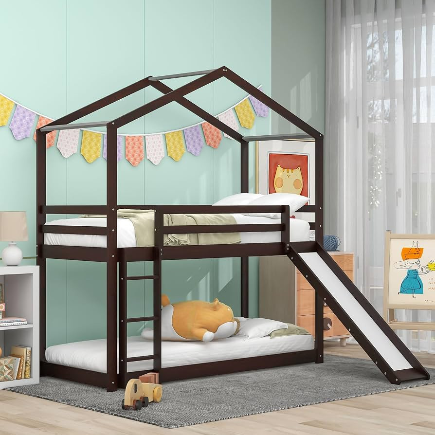 LostCat Twin Over Twin House Bunk Bed with Slide, Ladder, and Roof, Twin Size Wood Bed Frame with... | Amazon (US)