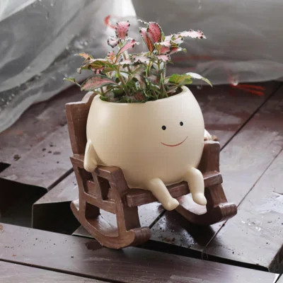 Smily Face Planter Pot Cute Resin Flower Head Planters For Indoor Outdoor Unique Sit Rocking Chair Succulent Pots Gift Ideai For Mother And Appreciati | Wayfair North America