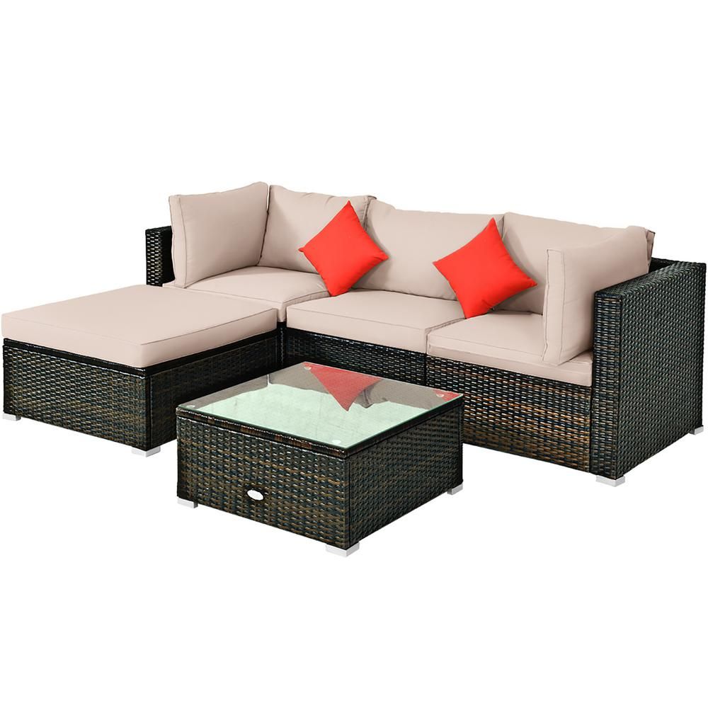 Costway Island 5-Piece Wicker Outdoor Patio Rattan Furniture Sectional Conversation Set with Beige C | The Home Depot