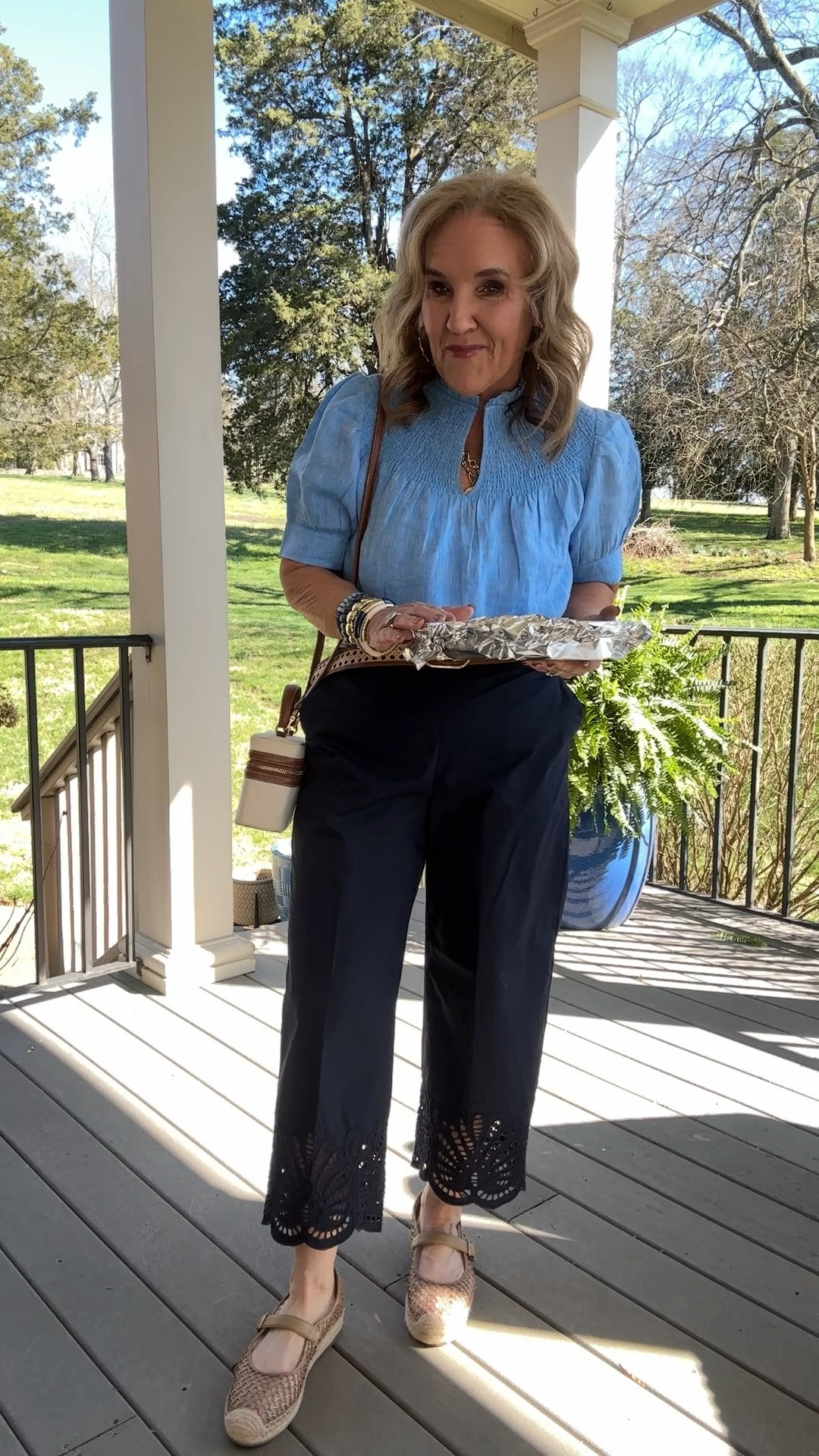 Talbots  30% off sale continues! Linen blouse size medium I love the smocking 
Eyelet trim cotton poplin pants are super lightweight and very comfortable elastic in the back of the waist flat front waistband. Side pockets

My espadrilles are very comfortable and highly recommend them. 

Graduation party navy pants spring Outfut Easter casual outfit 

#LTKWatchNow #LTKOver40 #LTKSaleAlert