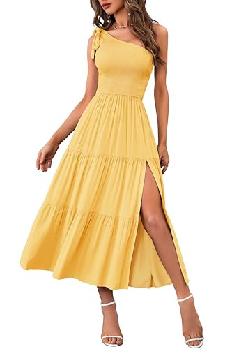 MEROKEETY Women's 2026 Summer Sleeveless Midi Dress One Shoulder Knot Smocked Split Formal Cocktail Wedding Guest Dresses, Yellow, M | Amazon (US)