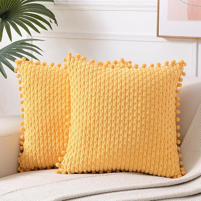 Fancy Homi Set of 2 Yellow Decorative Throw Pillow Covers 20x20 Inch with Pom-poms for Couch Bed ... | Amazon (US)