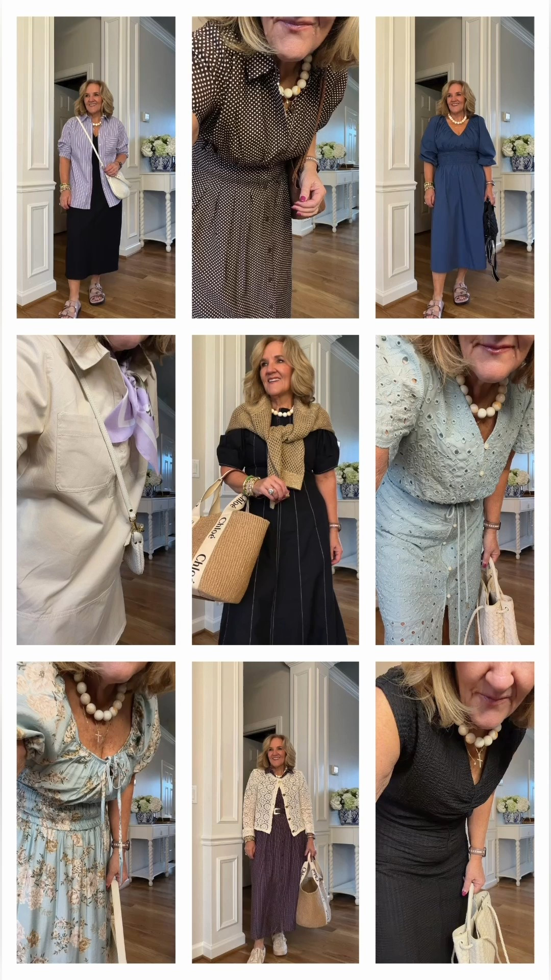 Loft dresses 
Blue eyelet medium petite 
Ecru denim medium 
Brown polkadot size small
Black V-neck size large petite but I would not size up. It’s a bit big.
Black top stitch, popping dress size medium petite
Blue floral size medium petite

Size down in the pink slide sandals
Size down in the top striped blouse
Lace jacket, size medium, deep, blue dress size medium petite
Everything else should be true to size

Spring dresses, spring shoes, spring sandals, eat your dress wedding guest thread vacation

#LTKOver40 #LTKWedding #LTKSaleAlert