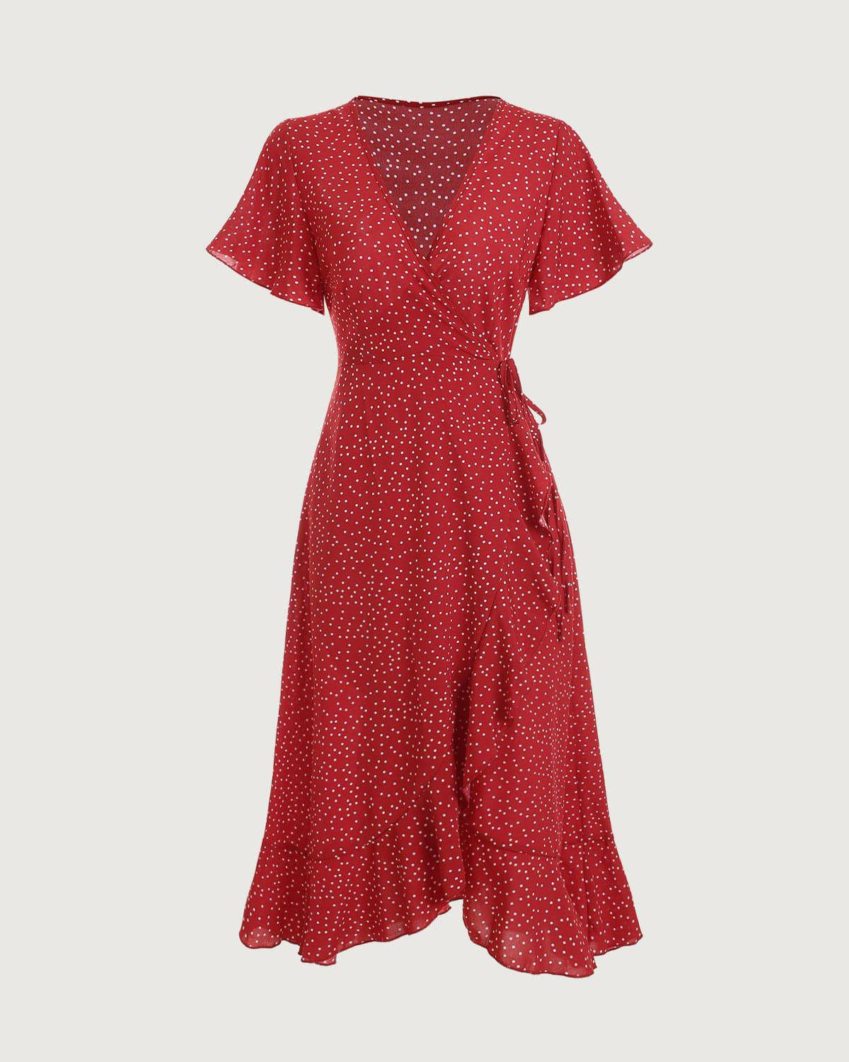 The Polka Dot Ruffle Wrap Dress - Red Women's Casual Wrap Dress, Stylish- Red - Dresses | RIHOAS | rihoas.com