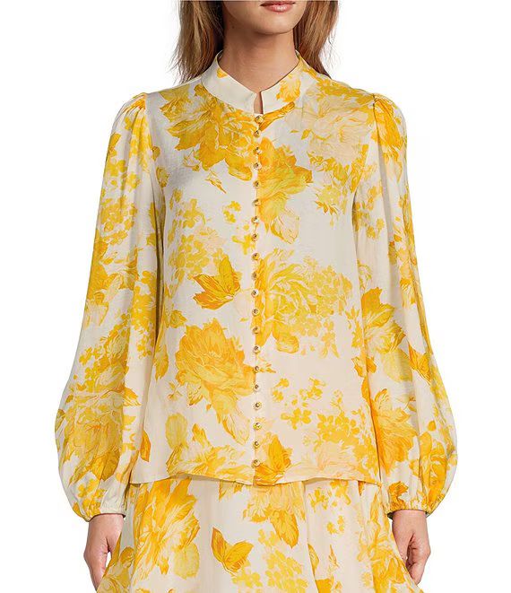 Antonio Melani Edie Floral Banded Collar Gold Detail Button Down Coordinating Linen Blouse | Dill... | Dillard's