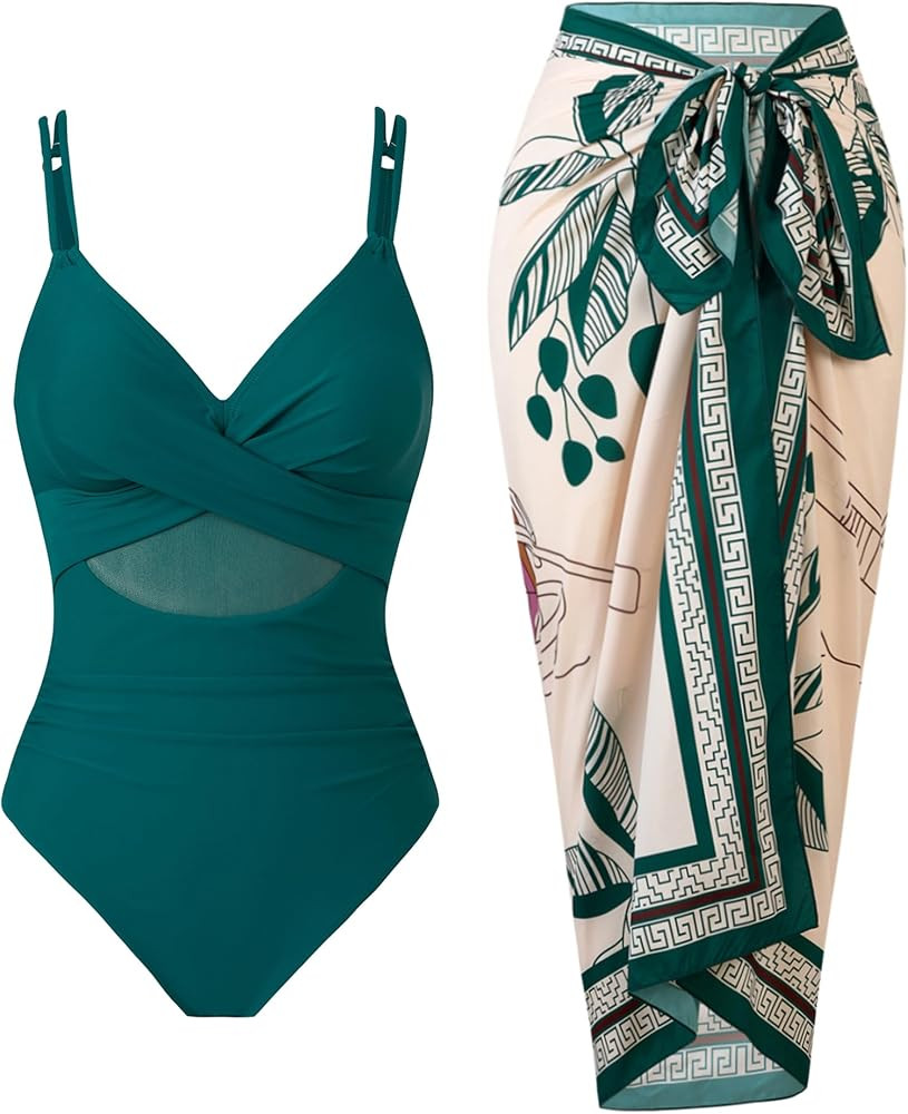 Women\u2019s One Piece Mesh Swimsuit Tummy Control Slimming Bathing Suit with Wrap Skirt Cover Up... | Amazon (US)