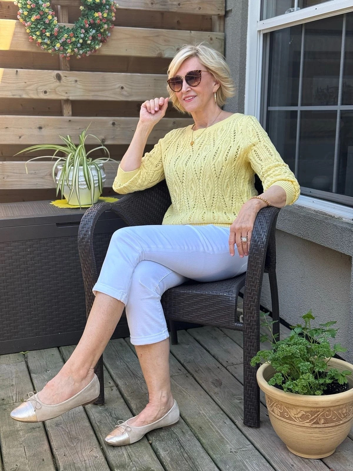 I’ve always loved an outfit that feels fresh, comfortable, and a little bit unexpected. 💛🤍

These white capri pants paired with an open knit yellow sweater are the perfect combination of classic and cheerful. I love how the soft pop of color adds a little sunshine to the look while keeping it effortless and easy to wear.

#LTKOver40 #LTKSeasonal #LTKootd