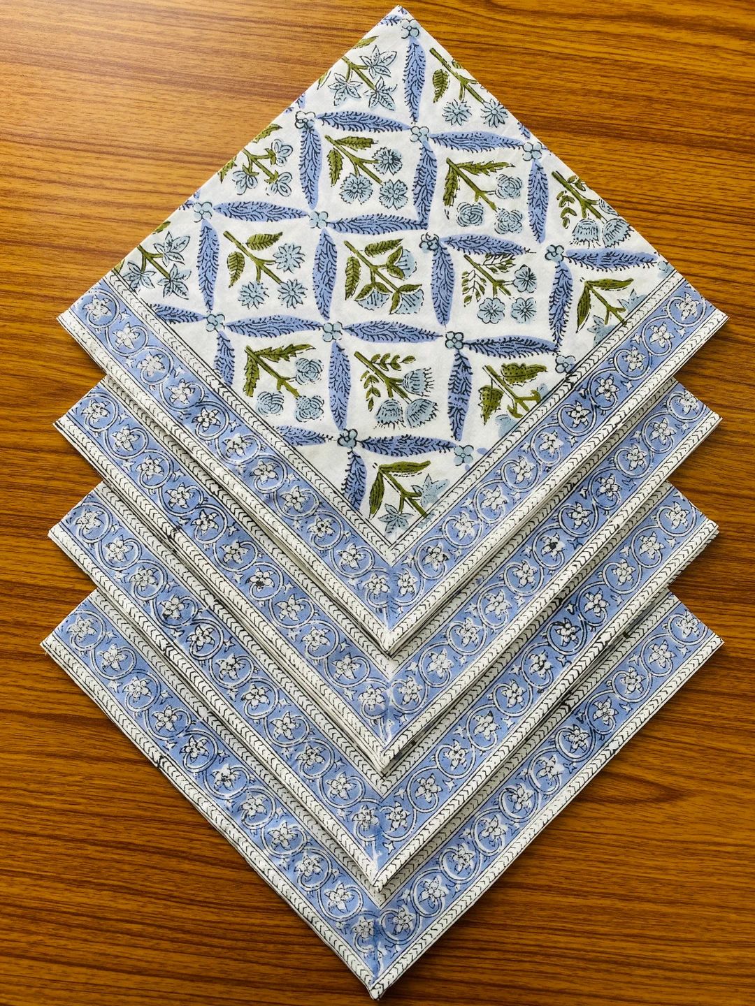 Light Steel Blue, Olive Green Indian Floral Hand Block Printed Cotton Cloth Napkins Size 20x20 Se... | Etsy (US)