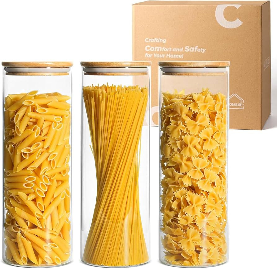 ComSaf Glass Spaghetti Pasta Storage Container with Lids 2 Qt Set of 3, Tall Clear Airtight Food ... | Amazon (US)