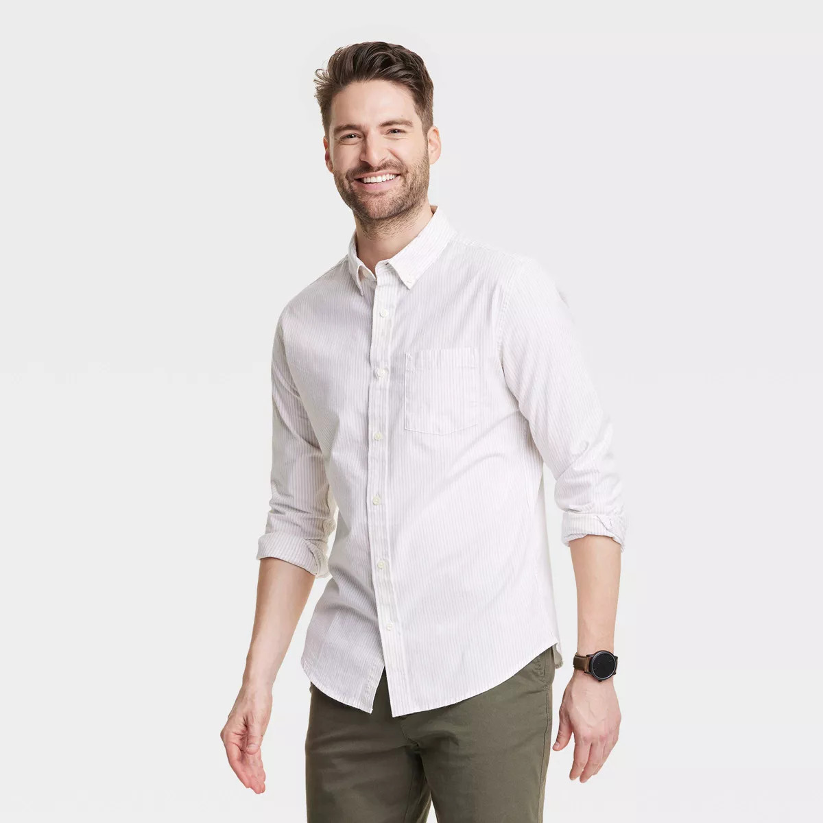 Men's Every Wear Long Sleeve Button-Down Shirt - Goodfellow & Co™ White Microstripe L | Target