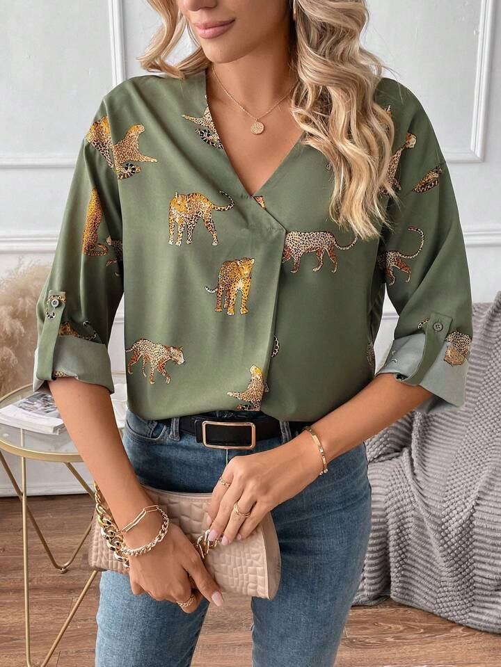 SHEIN LUNE Leopard Print Roll Tab Sleeve Blouse | SHEIN