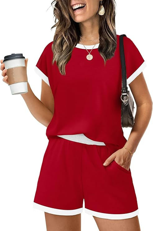 Two Piece Sets for Women Summer Lounge Short Sets Cap Sleeve Crew Neck Sweatsuit with Pocket XS-2... | Amazon (US)