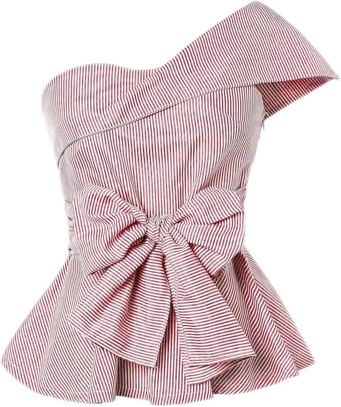 Romwe Women's Summer Slim Fit Striped Foldover One Shoulder Bow Tie Front Cap Sleeve Peplum Ruffl... | Amazon (US)