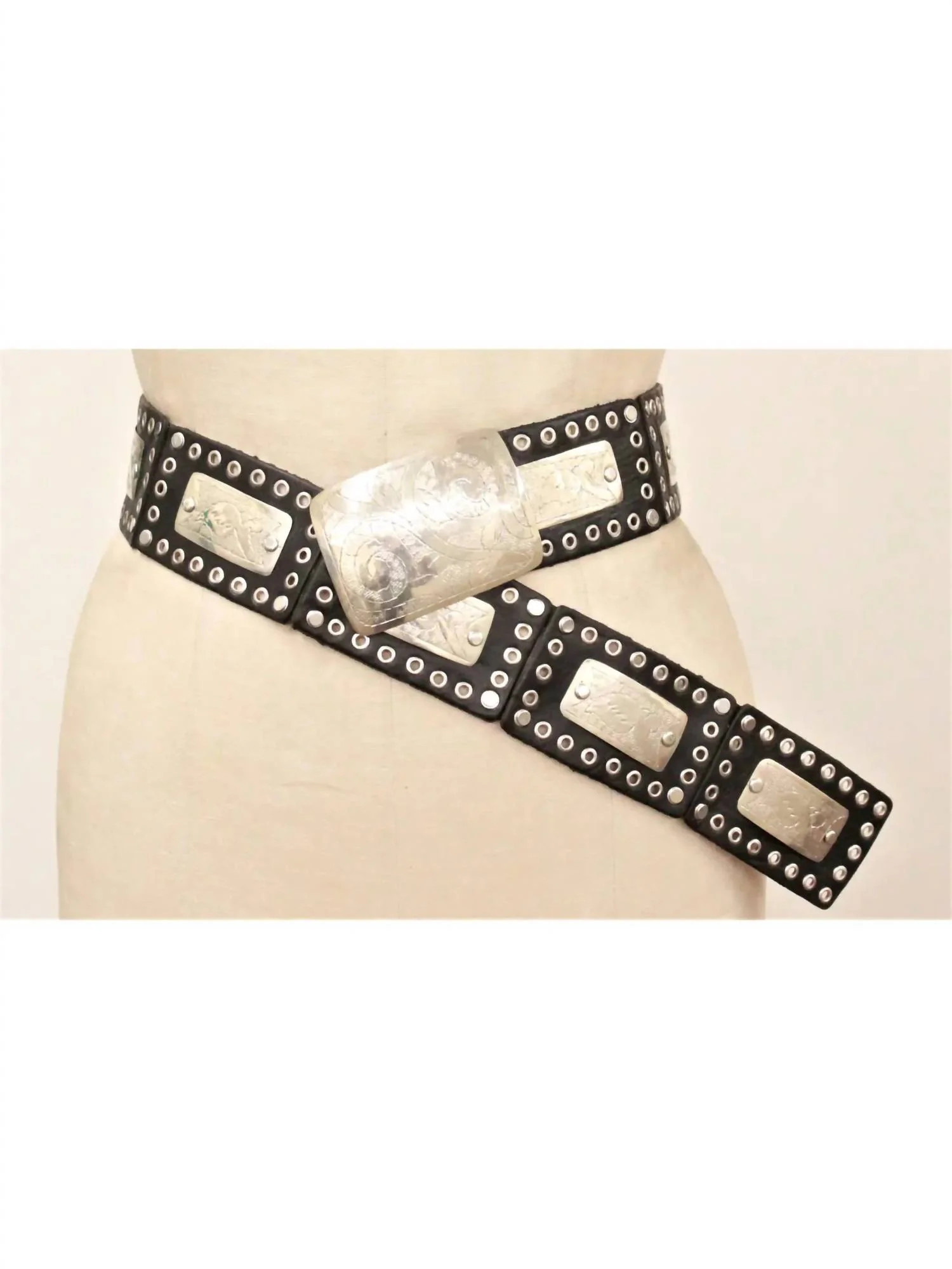 Rectangular Concho Leather Belt In Black | Shop Simon