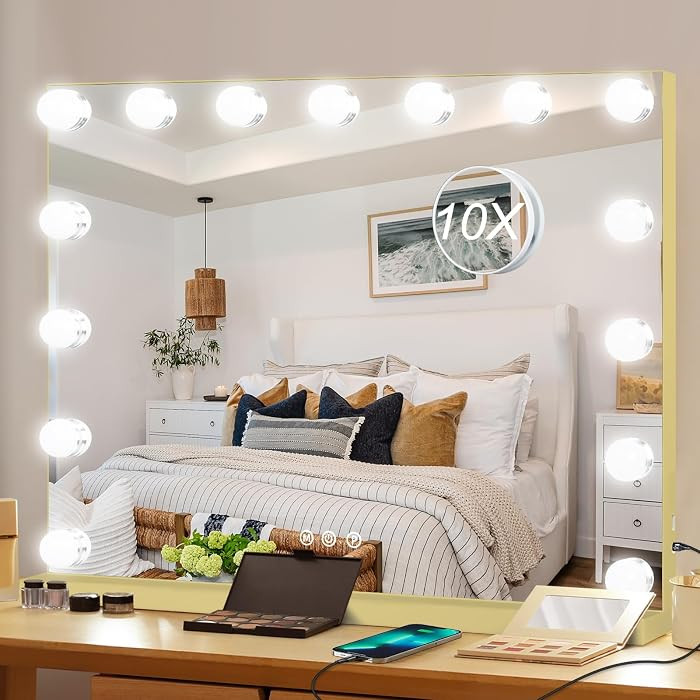 Moonee Gold Vanity Mirror with Lights, Hollywood Lighted Makeup Mirror with 15 Dimmable Bulbs and... | Amazon (US)