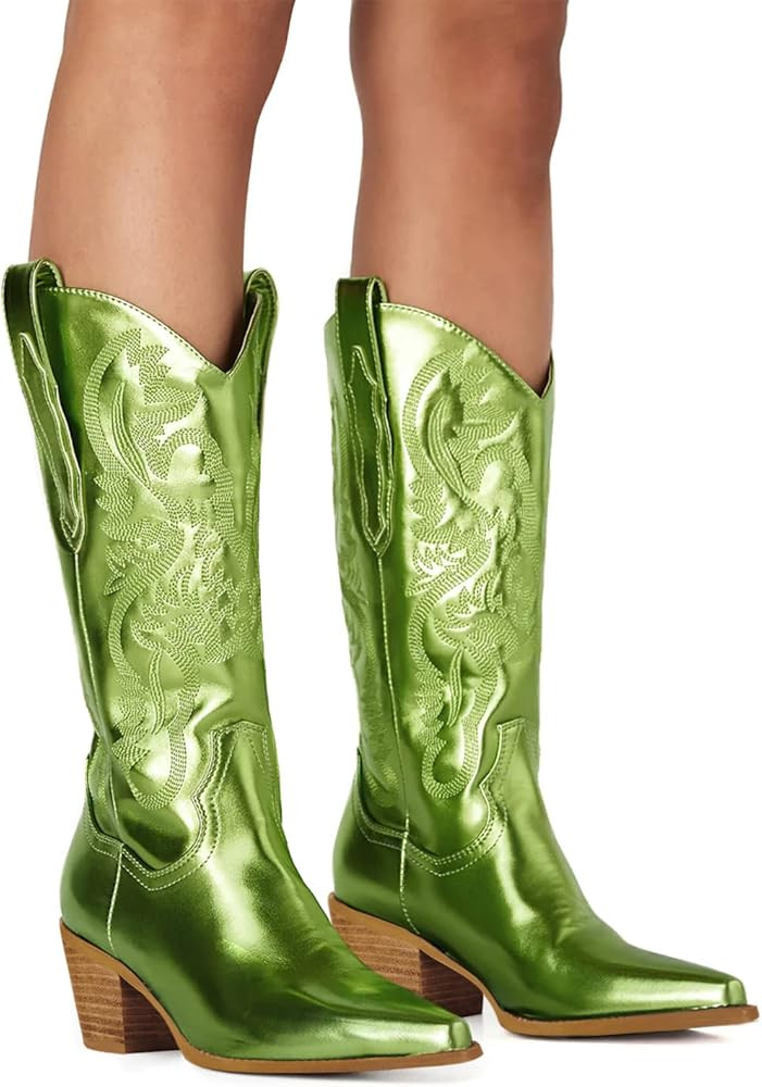 Women's Cowgirl Embroidered Mid-Calf Western Boots, Pointed Toe Medium Block Chunky Heel 6cm Stit... | Amazon (US)