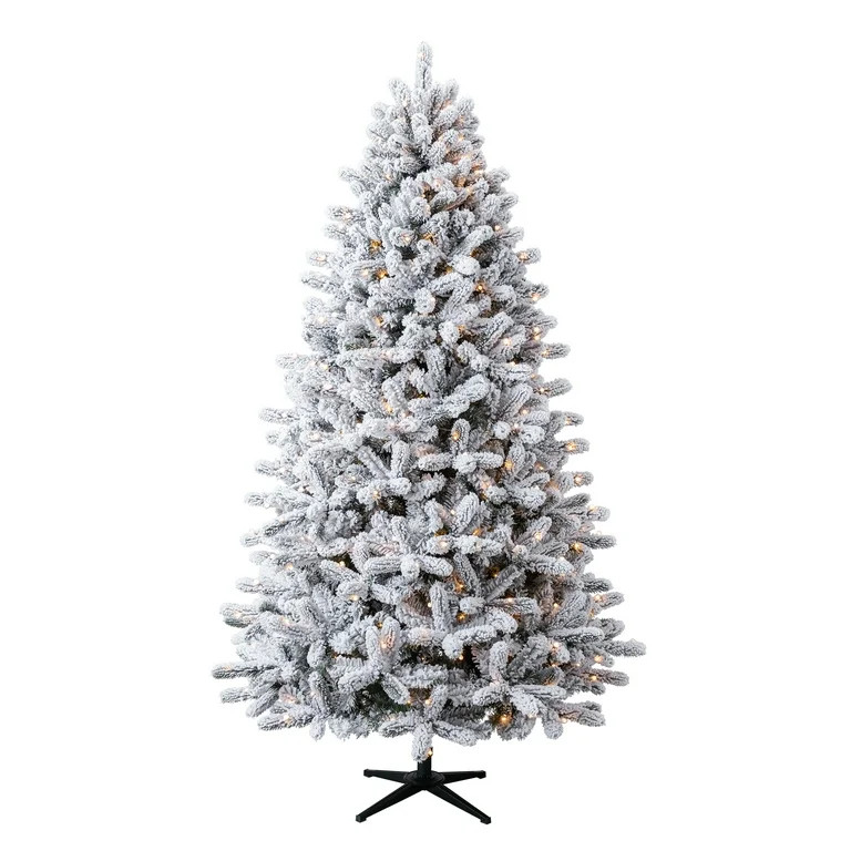 7.5' Pre-Lit Birchwood Fir Green Flocked Artificial Christmas Tree with Warm White Twinkle LED Li... | Walmart (US)