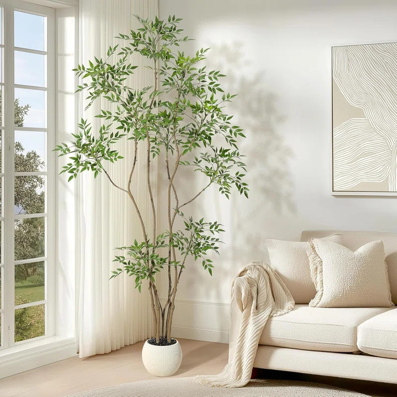 5/6/7ft Artificial Nandina Tree in Pot - Faux Floor Plant with White Planter for Home Office Deco... | Wayfair North America