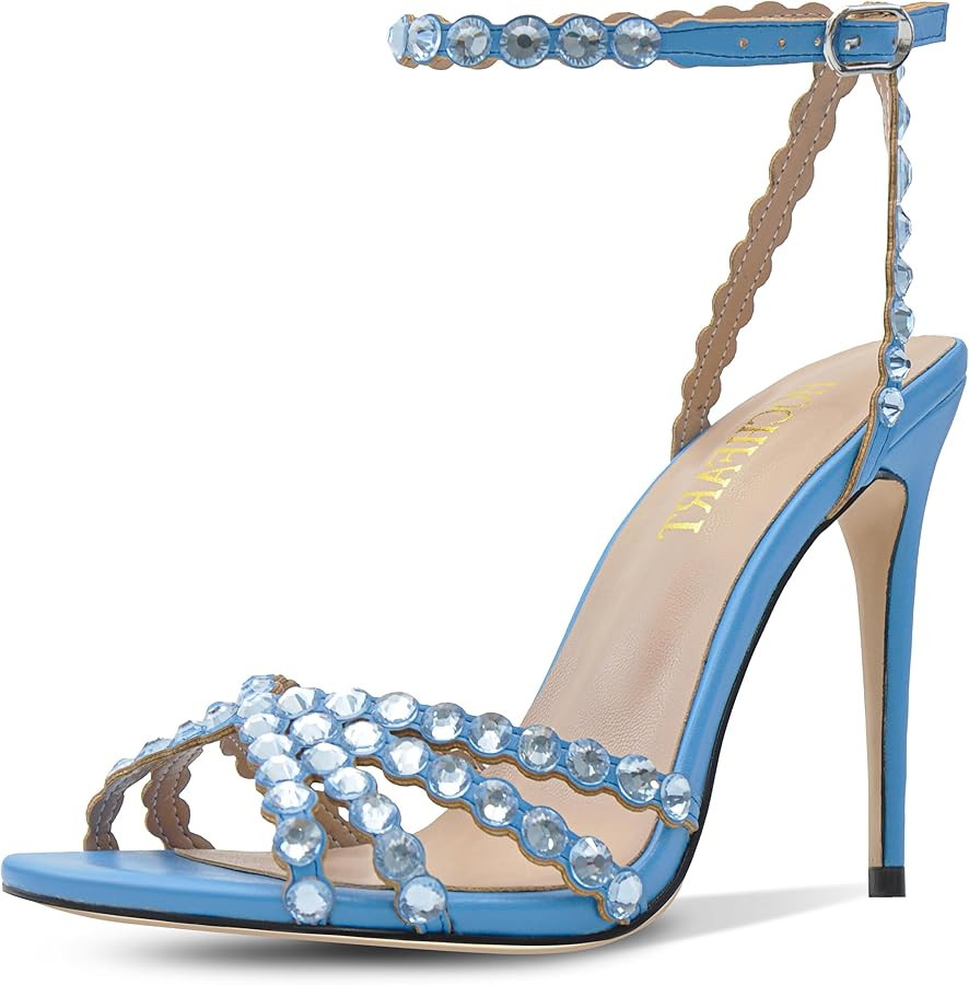 HOCHFART Women's Rhinestone Stiletto High Heels Buckle Strappy Heeled Sandals Round Toe Sexy Dres... | Amazon (US)