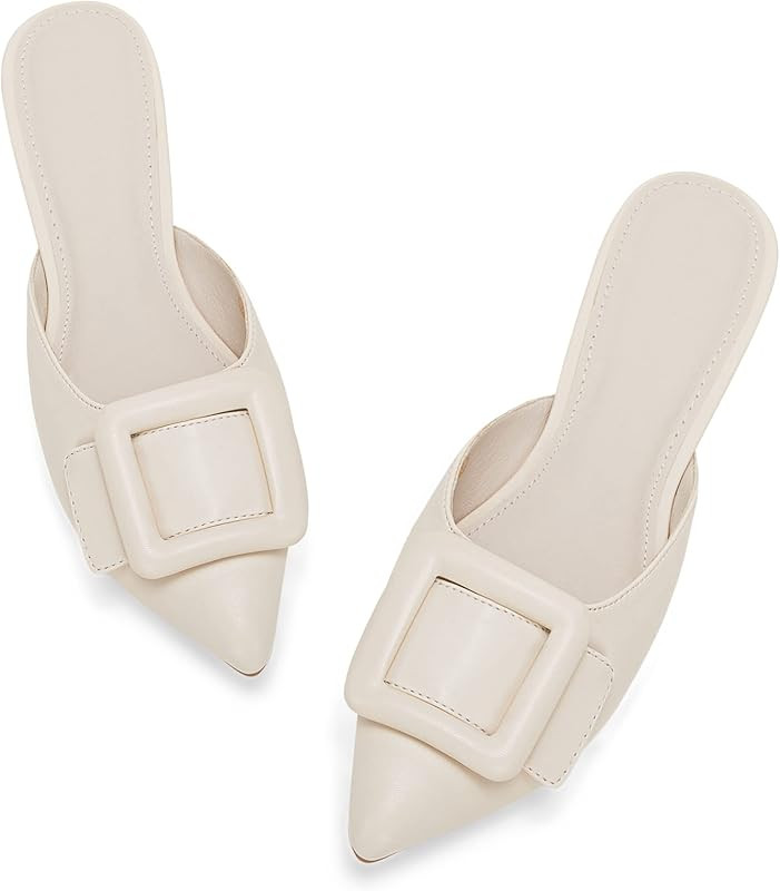 Coutgo Womens Mules Flats Pointed Toe Square Buckle Slip on Low Heel Backless Loafer Slides Shoes | Amazon (US)