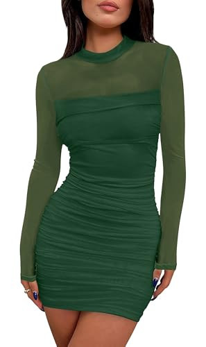 WIHOLL Women's Mesh Sheer Long Sleeve Ruched Mini Dress Fall Sexy Bodycon Little Short Mock Neck Cocktail Party Club Dresses 2025 Date Night Outfits Plus Size Green 2XL | Amazon (US)