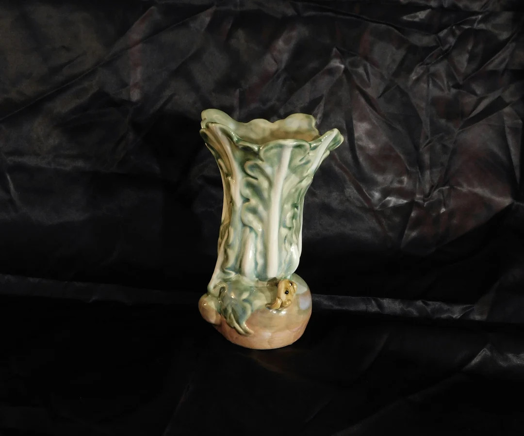 Vintage Majolica Novelty Green Turnip Leaf Vase with Frog | Etsy (US)