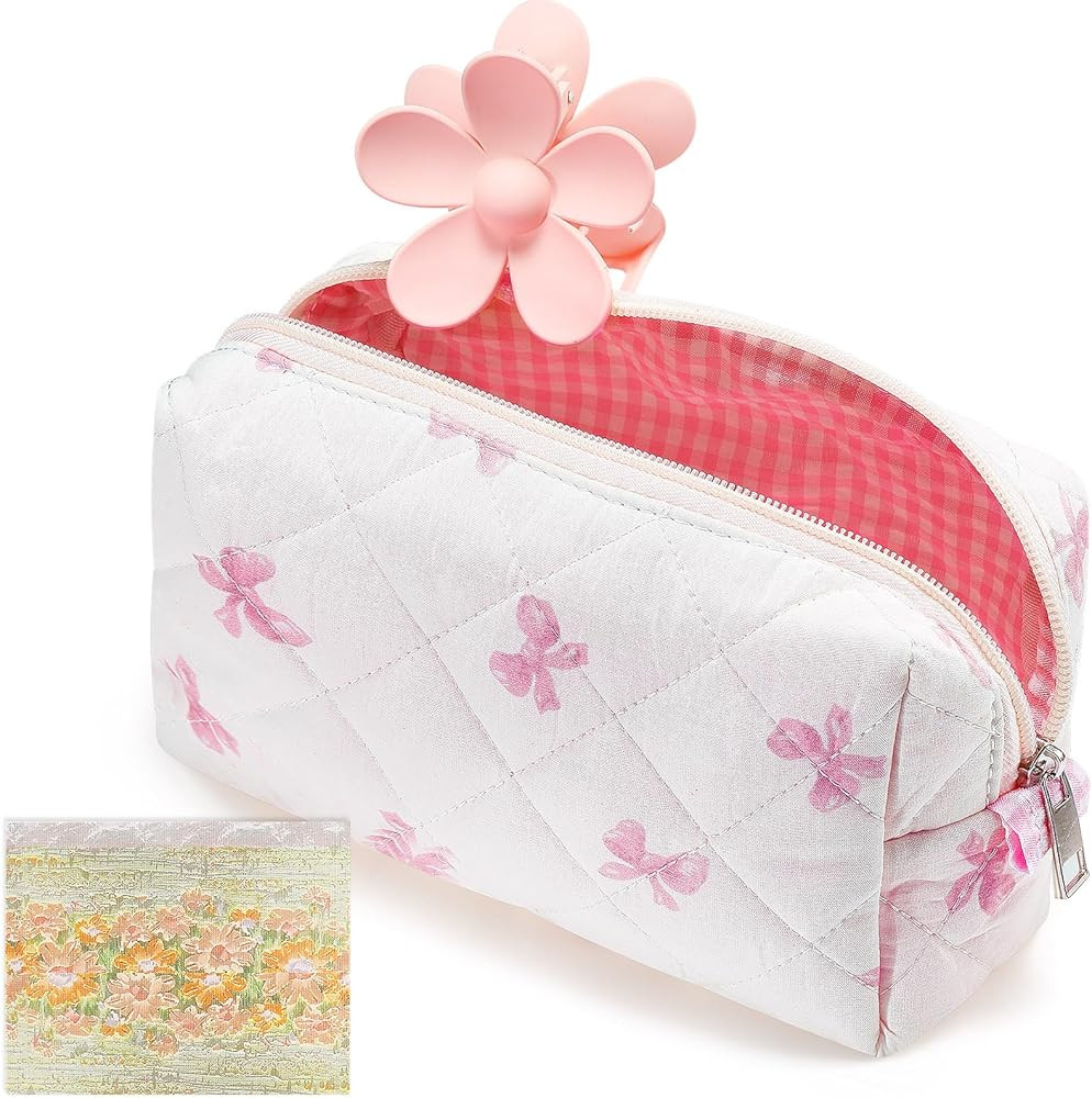 Paterr Cotton Quilted Makeup Bag Small Cute Floral Cosmetic Bag for Women Coquette Bow Aesthetic ... | Amazon (US)