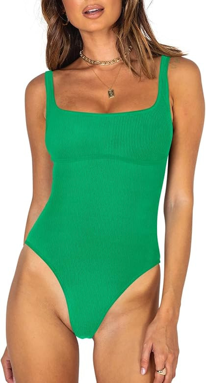 REORIA Women’s Sexy Square Neck Sleeveless Underbust Detailing Ribbed Tank Thong Bodysuits Tops | Amazon (US)