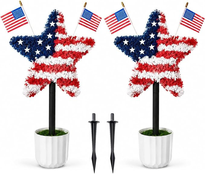 2 Pack Star Topiary Trees for 4th of July Decoration, Outdoor Artificial Plant with Pot & Ground ... | Amazon (US)